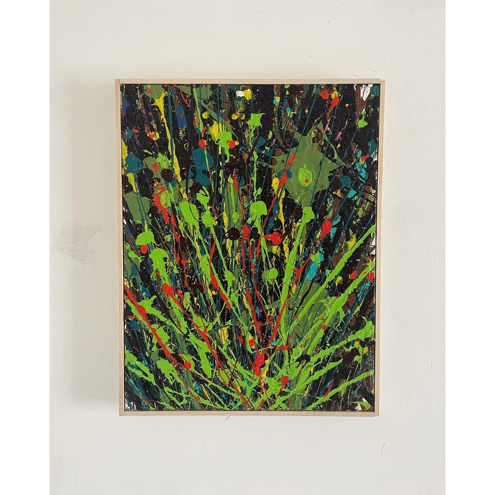 14 X 18 Untitled Abstract Splatter Acrylic Painting Framed Multi-Color Art
